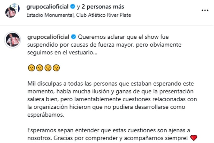 Grupo Cali comunicó en sus redes sociales los inconvenientes que atravesó la presentación durante la despedida de Messi.
