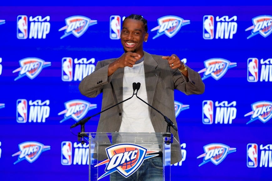 May 17, 2026; Oklahoma City, OK, USA; Oklahoma City Thunder guard Shai Gilgeous-Alexander speaks during a press conference after the announcement he won the 2025-2026 NBA Most Valuable Player award. Mandatory Credit: Alonzo Adams-Imagn Images