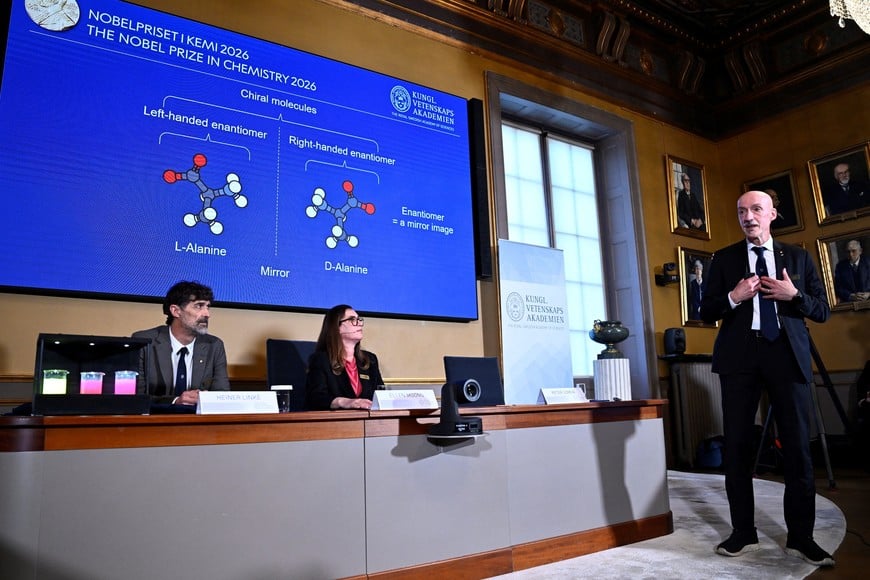 Henri Kagan and Kenso Soai are awarded the 2026 Nobel Prize in Chemistry during a press conference at the Royal Swedish Academy of Sciences in Stockholm, Sweden, October 7, 2026.
 TT News Agency/Fredrik Sandberg  via REUTERS      ATTENTION EDITORS - THIS IMAGE WAS PROVIDED BY A THIRD PARTY. SWEDEN OUT. NO COMMERCIAL OR EDITORIAL SALES IN SWEDEN. 
NO RESALES. NO ARCHIVES