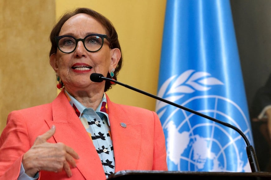 FILE PHOTO: Rebeca Grynspan, former Vice President of Costa Rica, speaks during a news conference where the government announced her nomination for United Nations secretary-general, in San Jose, Costa Rica, October 8, 2025. REUTERS/Mayela Lopez/File Photo