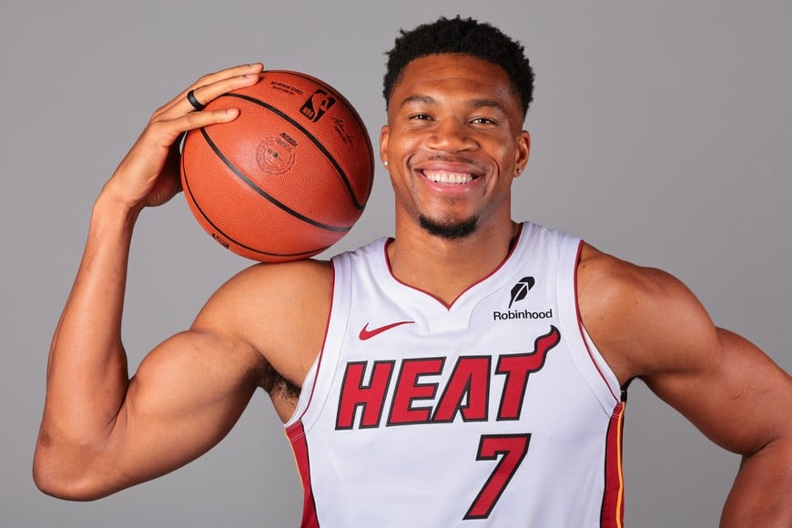 Sep 28, 2026; Miami, FL, USA; Miami Heat forward Giannis Antetokounmpo (7) poses for a photo during media day at Kaseya Center. Mandatory Credit: Sam Navarro-Imagn Images