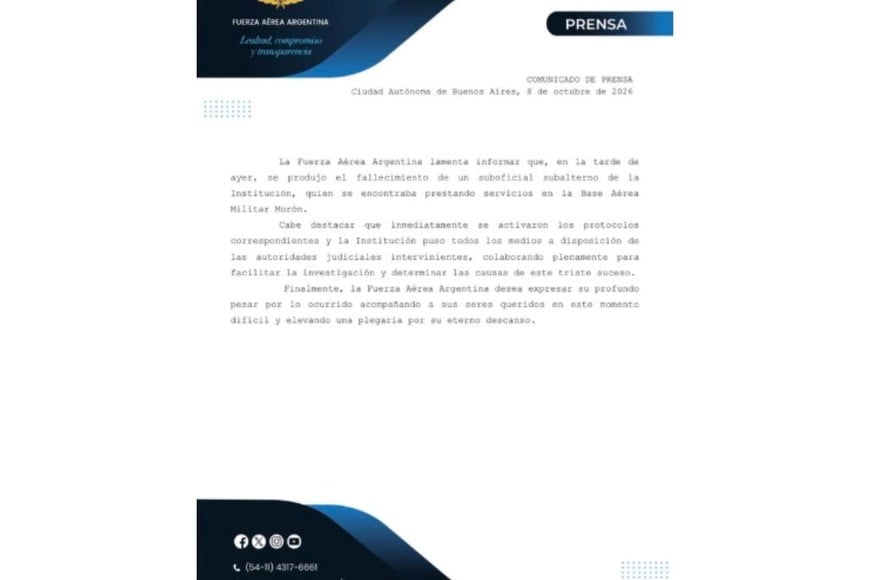 La Fuerza Aérea Argentina expresó su pesar por lo ocurrido.