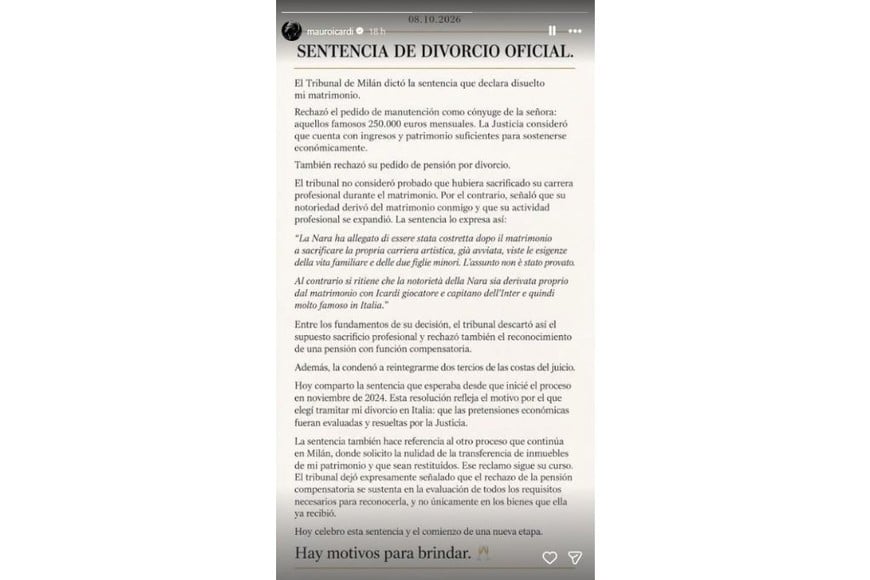 Icardi celebró su divorcio de Wanda Nara en sus redes.