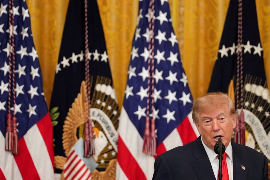 US President Donald Trump delivers remarks during a Columbus Day celebration in the East Room of the White House in Washington, D.C., US, October 9, 2026. REUTERS/Eric Lee