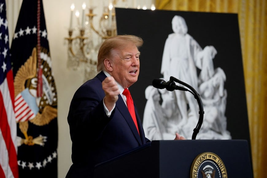 US President Donald Trump speaks during a Columbus Day celebration in the East Room of the White House in Washington, D.C., US, October 9, 2026. REUTERS/Evan Vucci