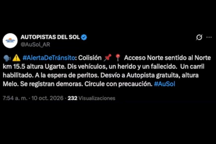 AuSol informó demoras y la habilitación de un solo carril.