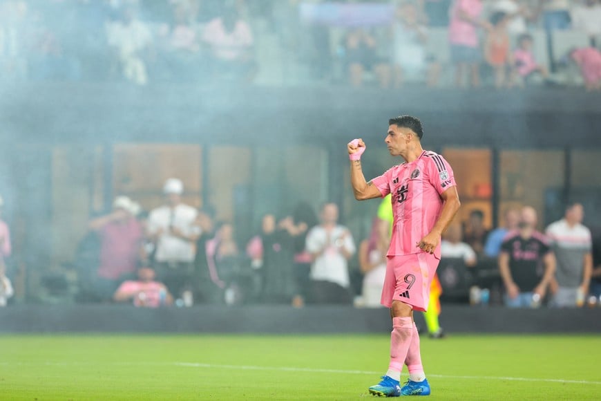 Oct 10, 2026; Miami, Florida, USA; Inter Miami CF forward Luis Suarez (9) celebrates after scoring against the D.C. United during the first half at Nu Stadium. Mandatory Credit: Sam Navarro-Imagn Images