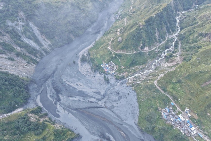 A drone view shows the areas affected by flooding of Budhi Gandaki River following a dry landslide in Chumnubri village, Gorkha district, Nepal, in this handout obtained by Reuters on October 11, 2026. National Trust for Nature Conservation-Manaslu Conservation Area Project (NTNC-MCAP)/Handout via REUTERS THIS IMAGE HAS BEEN SUPPLIED BY A THIRD PARTY. TPX IMAGES OF THE DAY