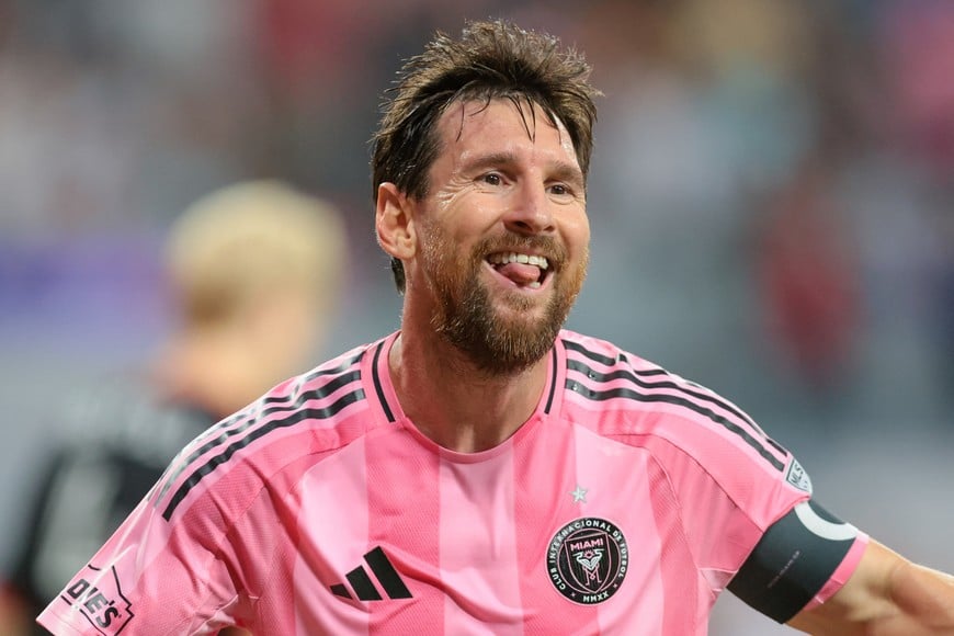 Oct 10, 2026; Miami, Florida, USA; Inter Miami CF forward Leo Messi (10) celebrates after scoring against the D.C. United during the second half at Nu Stadium. Mandatory Credit: Sam Navarro-Imagn Images