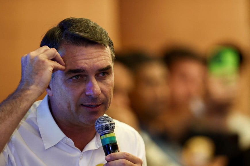 Brazilian presidential candidate Flavio Bolsonaro of the Liberal Party (PL) speaks during a meeting with city council members of Greater Sao Paulo region, in Sao Paulo, Brazil, October 11, 2026. REUTERS/Jean Carniel