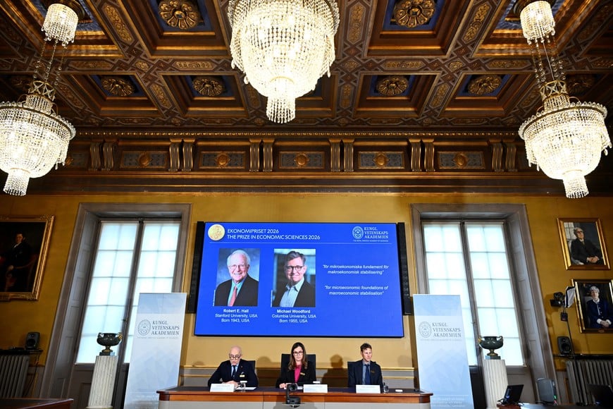 Robert E. Hall and Michael Woodford are announced as the laureates of the 2026 Sveriges Riksbank Prize in Economic Sciences in Memory of Alfred Nobel at the Royal Swedish Academy of Sciences in Stockholm, Sweden, on October 12, 2026. TT News Agency/Anders Wiklund via REUTERS ATTENTION EDITORS - THIS IMAGE WAS PROVIDED BY A THIRD PARTY. NO RESALES. NO ARCHIVES. SWEDEN OUT. NO COMMERCIAL OR EDITORIAL SALES IN SWEDEN.