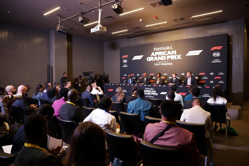 Formula One F1 - Formula One Press Conference - BK Arena - Kigali, Rwanda - October 13, 2026
Paul Ntambera, Head of Communications of Rwanda Development Board, Jean-Guy Afrika, CEO of the Rwanda Development Board, Nelly Mukayzayire, Minister of Sport of Rwanda, Carsten Tilke, Managing Director of Tilke GmbH & Co. KG and Former F1 driver Alex Wurz during the press conference after Formula 1 officially announced a 10-year agreement to host the African Grand Prix in Rwanda, marking the sport's first return to the African continent since 1993 REUTERS/Jean Bizimana