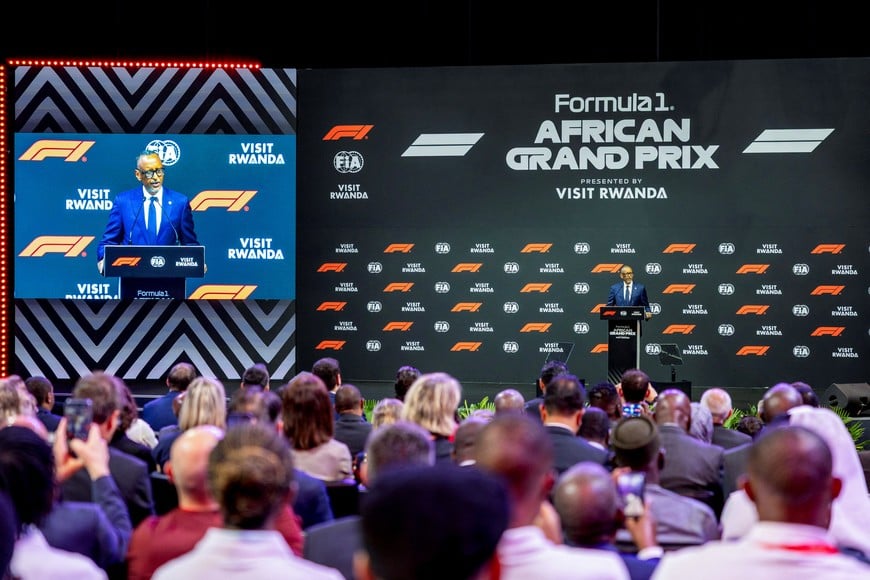 Rwanda's President Paul Kagame speaks at a press conference as Formula One and Rwanda agree on a 10-year deal to host a race from the early 2030s, in Kigali, Rwanda, October 13, 2026. REUTERS/Jean Bizimana