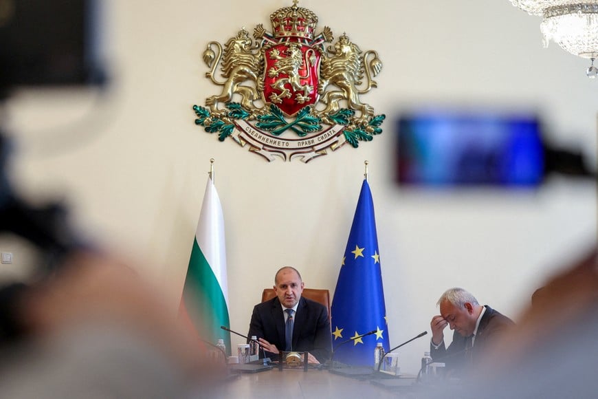 Bulgarian Prime Minister Rumen Radev addresses the media following an incident in Bulgaria's Black Sea economic zone where drones sunk one ship and damaged another, in Sofia, Bulgaria, October 6, 2026. REUTERS/Spasiyana Sergieva TPX IMAGES OF THE DAY