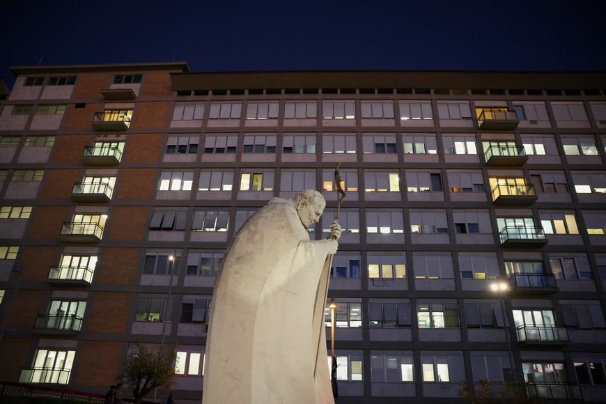 The late Pope John Paul II outside Gemelli Hospital, where Pope Leo is hospitalised ahead of surgery to remove a lung nodule, in Rome, Italy, October 13, 2026. REUTERS/Stoyan Nenov
