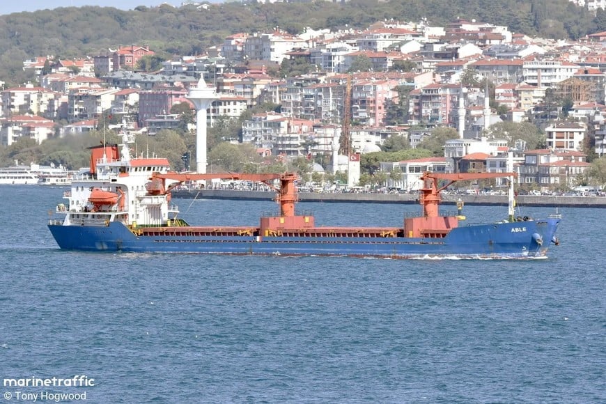 An archive handout image shows the general cargo vessel ABLE in Istanbul, Turkey, at an unknown date. The vessel was struck in a drone attack, which, according to the British maritime risk management group Vanguard, took place within the Bulgarian economic zone of the Black Sea on October 6, 2026, while it was sailing under the flag of Palau. Tony Hogwood/Handout via REUTERS THIS IMAGE HAS BEEN SUPPLIED BY A THIRD PARTY. MANDATORY CREDIT. WATERMARK FROM SOURCE. BEST QUALITY AVAILABLE
VERIFICATION: The location was verified by the tower, mosque and waterway, which matched satellite and archive imagery. The vessel was identified as the ABLE by its superstructure and paint, which matched archive imagery of the vessel. British maritime risk management group Vanguard said the Palau-flagged general cargo vessel ABLE was attacked on October 6 within Bulgaria’s economic zone.