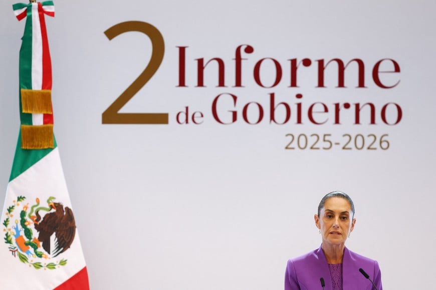Mexico's President Claudia Sheinbaum delivers a speech marking her second year in office, in Mexico City, Mexico, September 1, 2026. REUTERS/Daniel Becerril