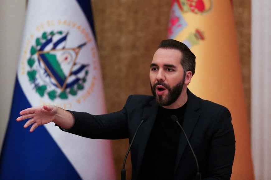 El Salvador's President Nayib Bukele speaks during a press conference to announce an investment by Spanish firm Cox Energy to develop energy, water, and fuel projects in the country, at the Presidential House in San Salvador, El Salvador, October 13, 2026. REUTERS/Jose Cabezas