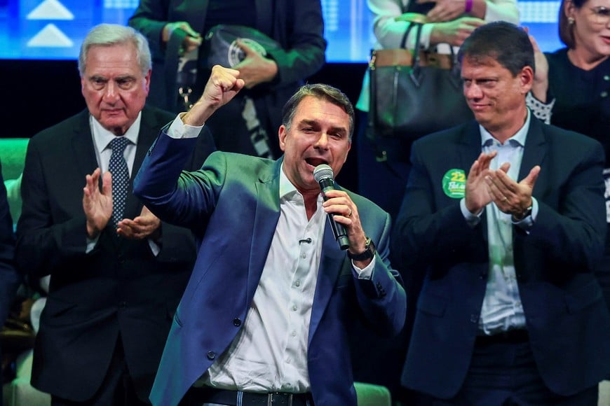 Brazilian presidential candidate Flavio Bolsonaro speaks at the Great Associativism Meeting in Sao Paulo, Brazil, October 13, 2026. REUTERS/Jean Carniel