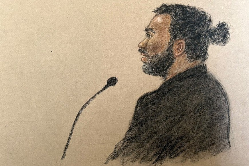 Witness for the prosecution Mark Pinheiro appears at Southwark Crown Court where British actor and comedian Russell Brand stands trial on charges of rape and sexual assault involving six women between 1999 and 2009, which he denies, in London, Britain, October 14, 2026, in this courtroom sketch. REUTERS/Julia Quenzler