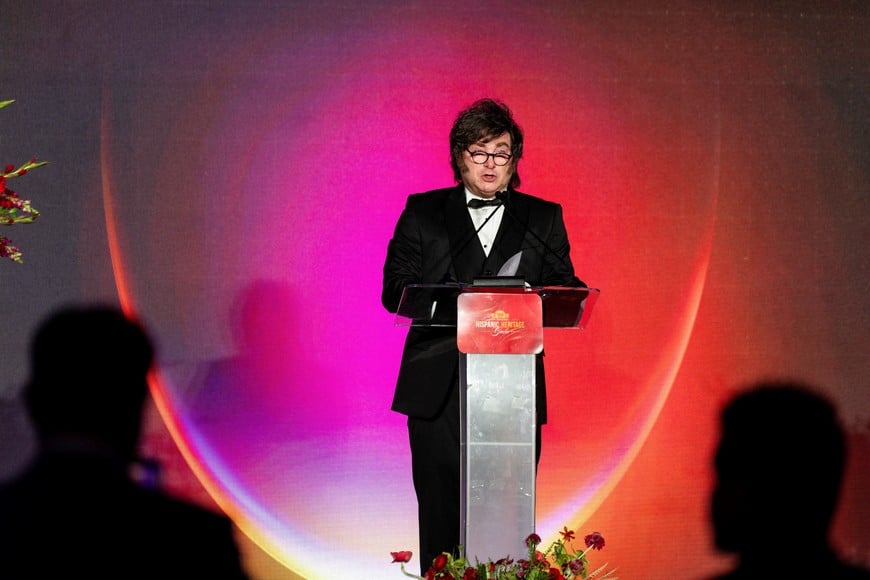 Argentina's President Javier Milei speaks during the Hispanic Heritage Gala in Washington, DC, US, October 14, 2026. REUTERS/Tierney L. Cross