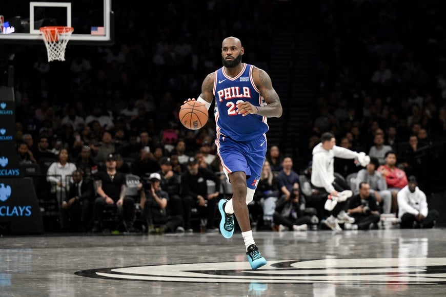 Oct 8, 2026; Brooklyn, New York, USA; Philadelphia 76ers forward Lebron James (23) during the first half against the Brooklyn Nets at Barclays Center. Mandatory Credit: John Jones-Imagn Images