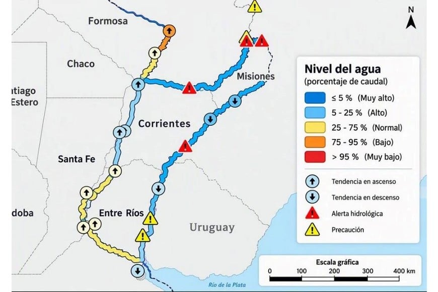 Condición hídrica de los principales cursos de la Cuenca del Plata. Fuente: INA