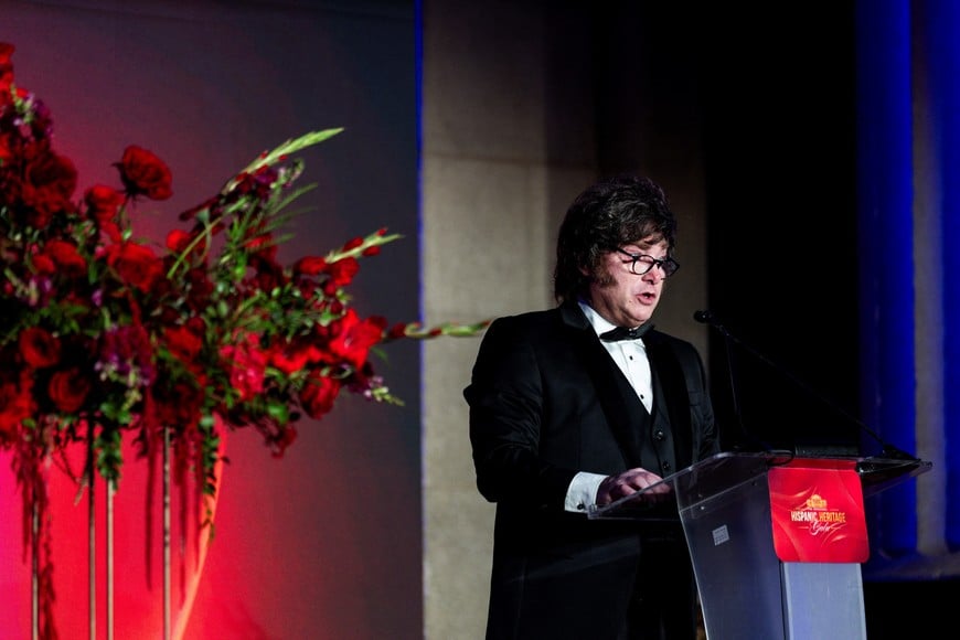 Argentina's President Javier Milei speaks during the Hispanic Heritage Month Gala in Washington, DC, US, October 14, 2026. REUTERS/Tierney L. Cross