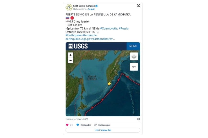 El epicentro se localizó a unos 76 kilómetros al noreste de la localidad de Ozernovskiy