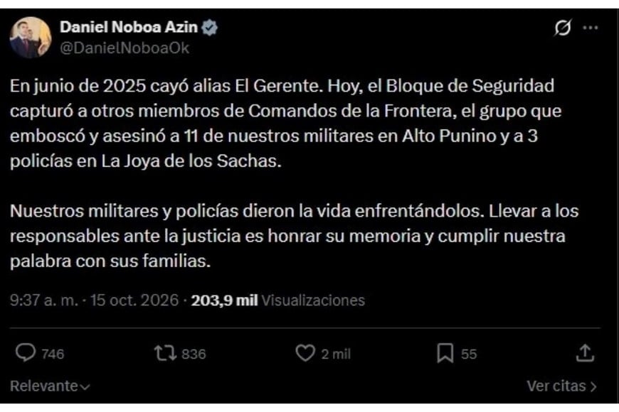 El mensaje de Noboa en redes sociales.