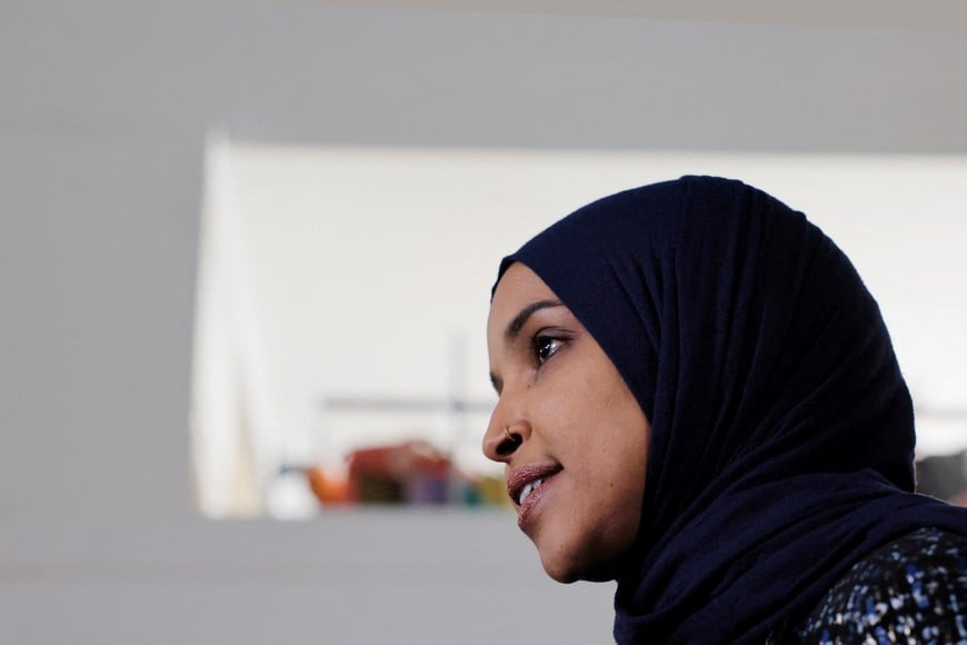 Picture taken January 28, 2026. US Representative Ilhan Omar (D-MN) holds a press conference at Karmel Mall, after the fatal shootings of Renee Nicole Good and Alex Pretti by federal immigration agents, in Minneapolis, Minnesota, US, January 28, 2026. REUTERS/Brian Snyder