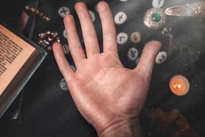 Astrology and esotericism. Male palm close-up. On a black background lie runes, a candle, amulets and a book. The view from the top. Copy space.