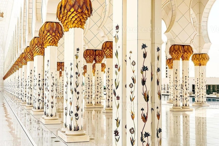 Detalles de los fabulosos pilares interiores de la Gran Mezquita Sheikh Zayed, en Abu Dabi, Emiratos Árabes Unidos. La alfombra más grande del mundo, tejida a mano, está dentro de la increíble e impactante estructura de esta construcción.