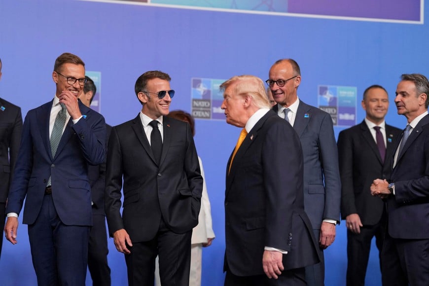 U.S. President Donald Trump, Finland's President Alexander Stubb, French President Emmanuel Macron, Germany's Chancellor Friedrich Merz, and Greece's Prime Minister Kyriakos Mitsotakis, attend the NATO summit in Ankara, Turkey, Wednesday, July 8, 2026. Alastair Grant/Pool via REUTERS
