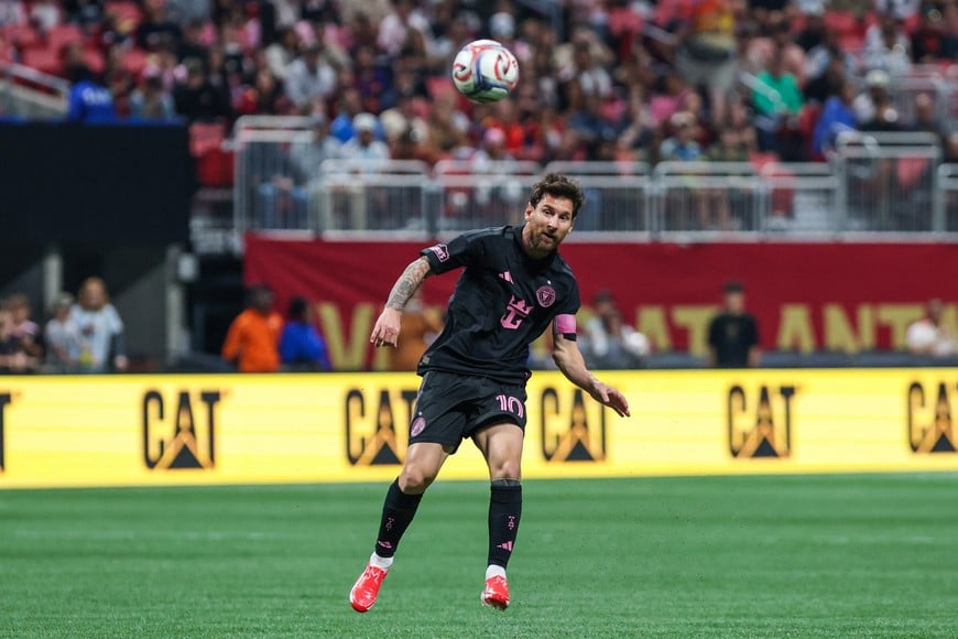 Oct 17, 2026; Atlanta, Georgia, USA; Inter Miami CF forward Leo Messi (10) jumps to head the ball during the game against the Atlanta United during the first half at Mercedes-Benz Stadium. Mandatory Credit: Jordan Godfree-Imagn Images
