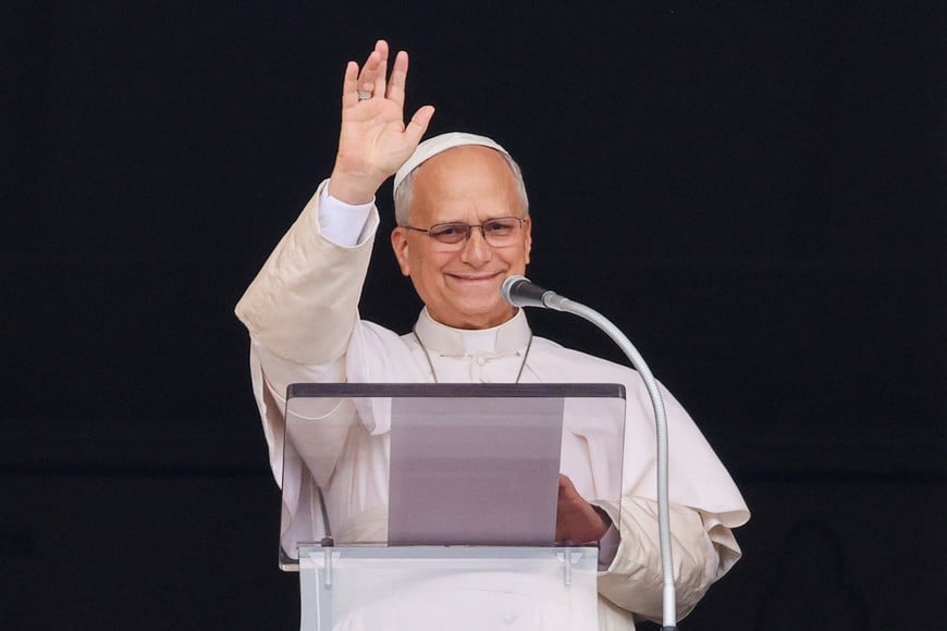 Pope Leo leads the Angelus prayer from a window of the Apostolic Palace, following his discharge from hospital after surgery for lung cancer, at the Vatican, October 18, 2026. REUTERS/Yara Nardi