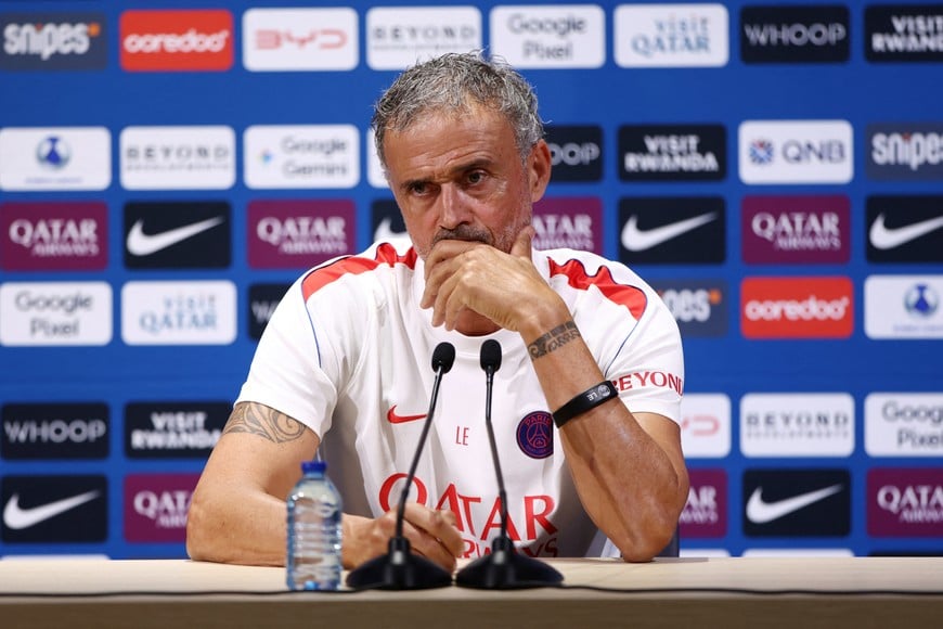 Soccer Football - Trophee des Champions - Paris St Germain Press Conference - Campus Paris St Germain, Poissy, France - August 15, 2026
Paris Saint Germain coach Luis Enrique during the press conference REUTERS/Tom Nicholson
