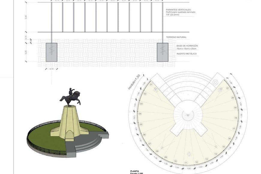 Así quedará la baranda alrededor del monumento, con una escalera de acceso. Gentileza