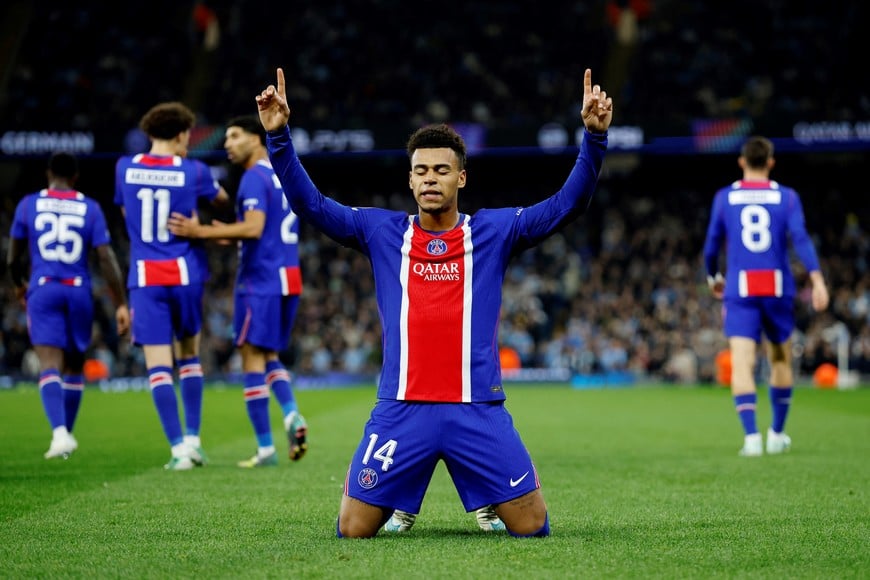 Soccer Football - UEFA Champions League - Manchester City v Paris St Germain - Etihad Stadium, Manchester, Britain - October 14, 2026
Paris St Germain's Desire Doue celebrates scoring their first goal Action Images via Reuters/Jason Cairnduff