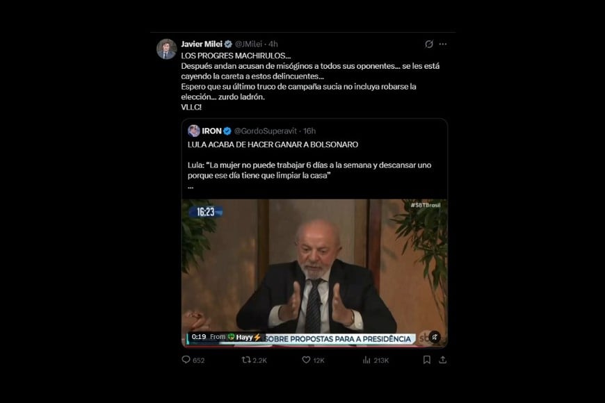 Javier Milei volvió a cuestionar públicamente a Lula da Silva a pocos días del balotaje en Brasil.