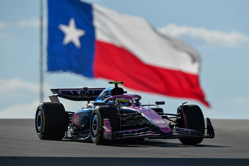 Oct 17, 2025; Austin, TX, USA; BWT Alpine F1 Team driver Franco Colapinto (43) of Team Argentina drives during qualifying for the Sprint race in the US Grand Prix at Circuit of The Americas Austin. Mandatory Credit: Jerome Miron-Imagn Images