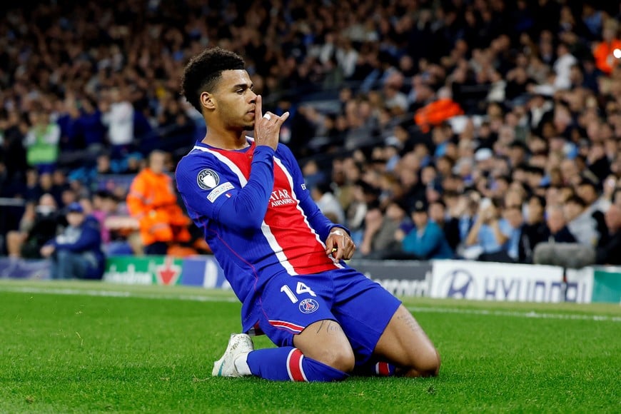 Soccer Football - UEFA Champions League - Manchester City v Paris St Germain - Etihad Stadium, Manchester, Britain - October 14, 2026
Paris St Germain's Desire Doue celebrates scoring their first goal Action Images via Reuters/Jason Cairnduff