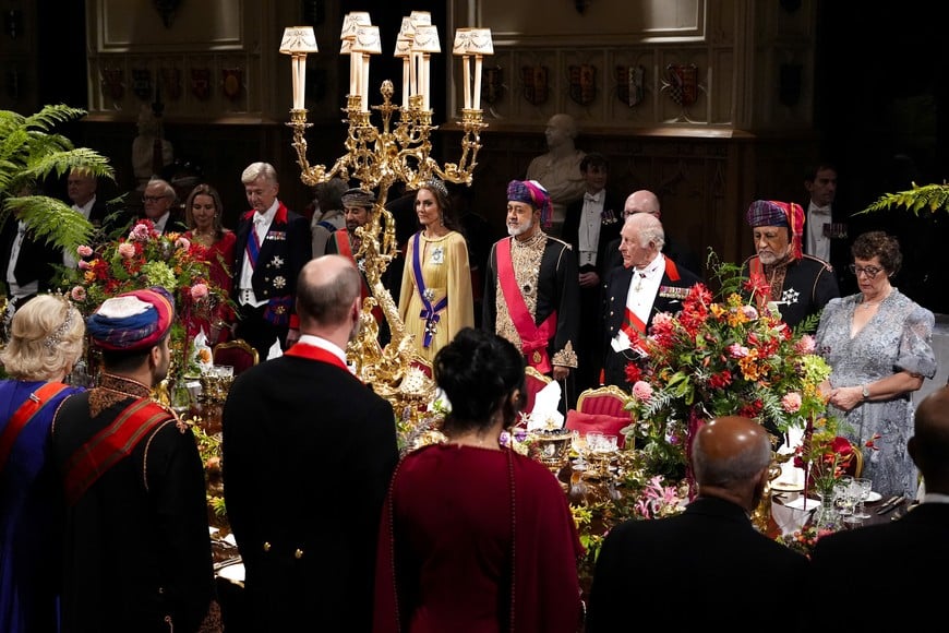 Oman's Sultan Haitham bin Tariq, Britain's King Charles, and Catherine, Princess of Wales, attend the state banquet for the Sultan of Oman, at Windsor Castle, in Windsor, Britain, October 20, 2026. Jordan Pettitt/Pool via REUTERS