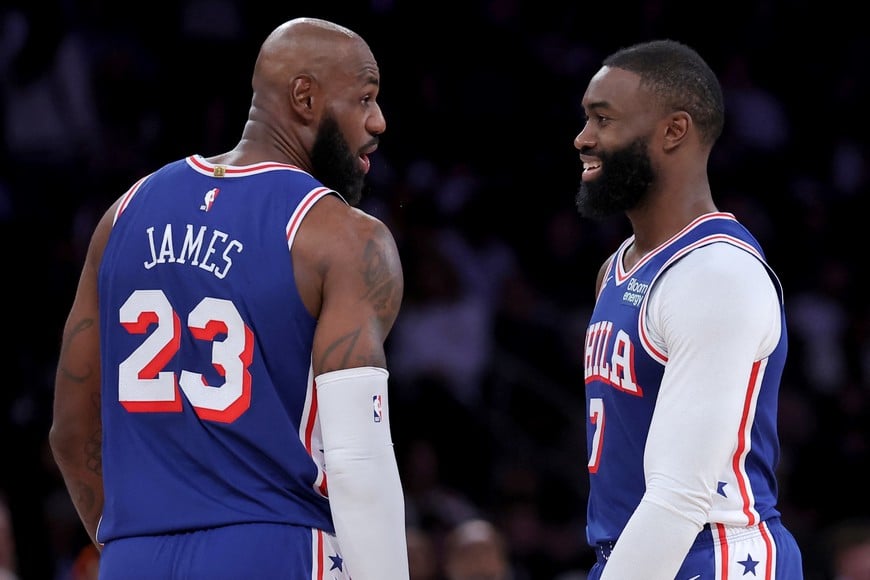 Oct 20, 2026; New York, New York, USA; Philadelphia 76ers forward LeBron James (23) talks to guard Jaylen Brown (7) during the fourth quarter against the New York Knicks at Madison Square Garden. Mandatory Credit: Brad Penner-Imagn Images