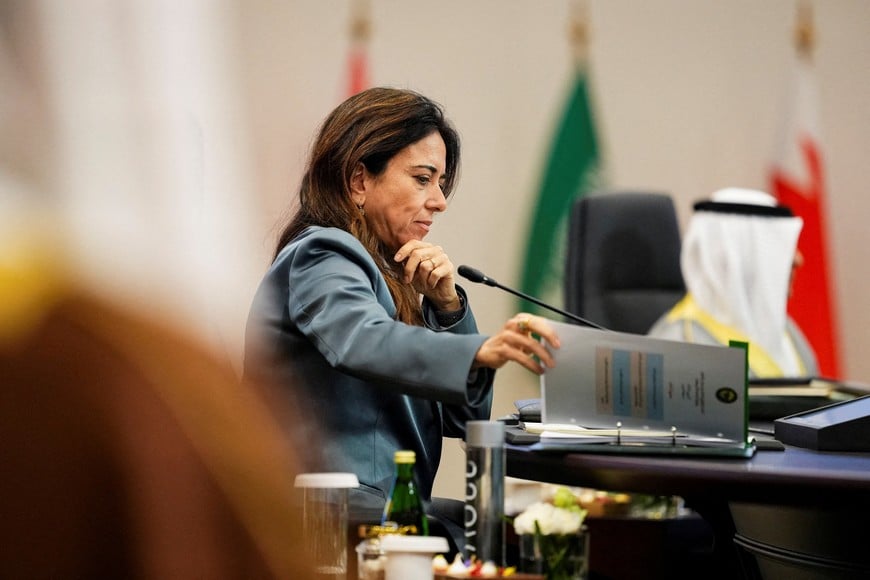 FILE PHOTO: Minister of State at the Ministry of Foreign Affairs of the United Arab Emirates Lana Nusseibeh attends a meeting with foreign ministers of the Gulf Cooperation Council Member States and U.S. Secretary of State Marco Rubio at The Ritz-Carlton Bahrain during Rubio's visit to the Middle East to discuss the interim deal between the U.S. and Iran with Arab Gulf allies, in Manama, Bahrain, June 25, 2026. REUTERS/Eric Lee/Pool/File Photo