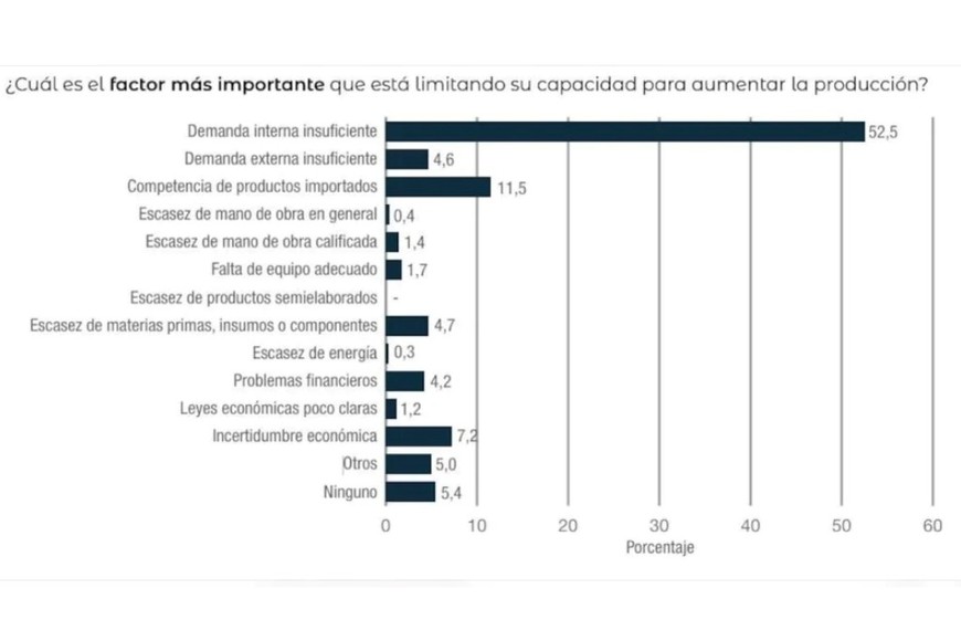 La insuficiencia de demanda interna fue señalada por el 52,5% de las industrias relevadas como el principal obstáculo para aumentar la producción, muy por encima de la competencia de productos importados (11,5%). Fuente: INDEC.