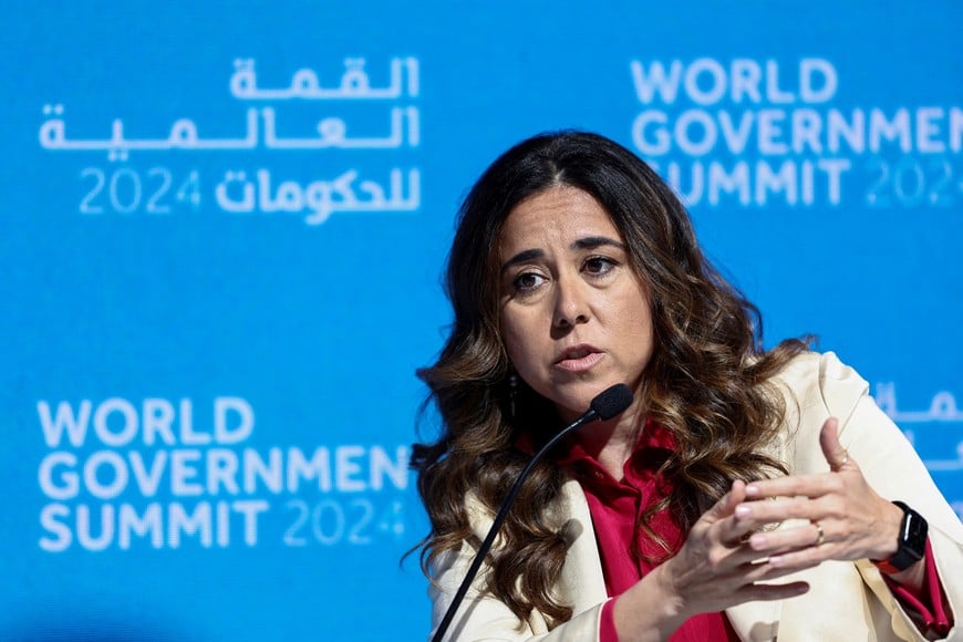 FILE PHOTO: UAE Ambassador to the UN Lana Nusseibeh, speaks during a session titled "Navigating Challenges to International Peace and Security," at the World Governments Summit, in Dubai, United Arab Emirates, February 12, 2024. REUTERS/Amr Alfiky/File Photo