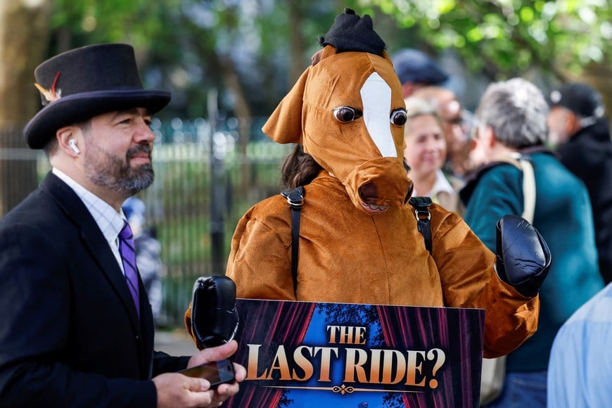 Demonstrators gather ahead of a vote on Romanch's Law, legislation that would phase out horse-drawn carriages in Central Park, outside City Hall in New York City, US, October 22, 2026. REUTERS/Eduardo Munoz