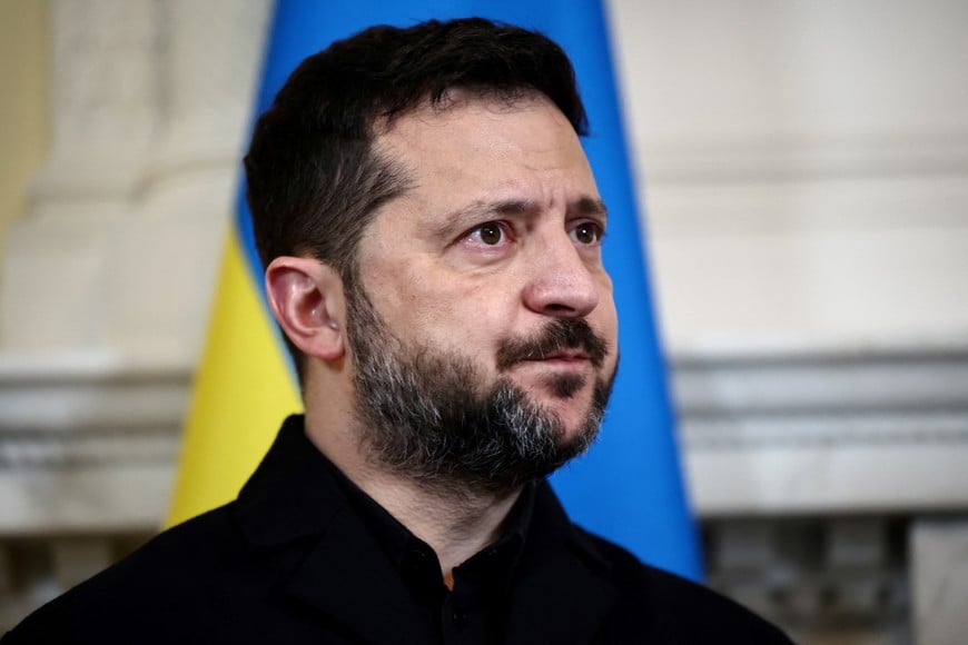 Ukraine's President Volodymyr Zelenskiy reacts during a meeting with Britain's Prime Minister Andy Burnham at 10 Downing Street, in central London, on October 14, 2026.     HENRY NICHOLLS/Pool via REUTERS