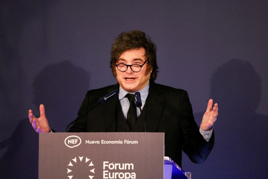 Argentina's President Javier Milei delivers a speech at the New Economy Forum in Madrid, Spain, October 21, 2026. REUTERS/Alejandro Martinez Velez REFILE – CORRECTING TYPO IN BYLINE.